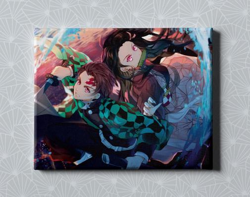 Картина на холсте в подарок  - Аниме "Клинок рассекающий демонов: Танджиро и Незуко", размер 40х50см