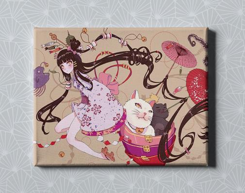 Картина на холсте в подарок- Арт Аниме Девушка в кимоно , размер 30х40см