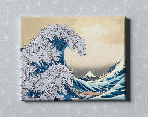 Картина на холсте в подарок- Большая волна в Канагаве из котов , размер 30х40см