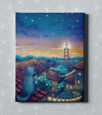 Картина на холсте в подарок- Рисунок/иллюстрация "Кот и маяк", размер 30х40см